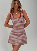 front view of model wearing Princess Polly Dasha Mini Dress Red Check Square Neck 
