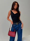 side view of model wearing Princess Polly Axton Cowl Neck Bodysuit Black Sleeveless 