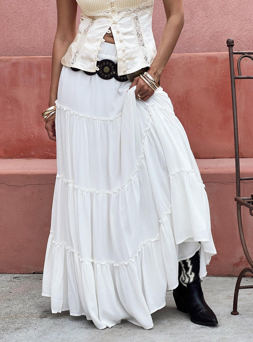   front view of model wearing Princess Polly Miriah Maxi Skirt White Petite Maxi 