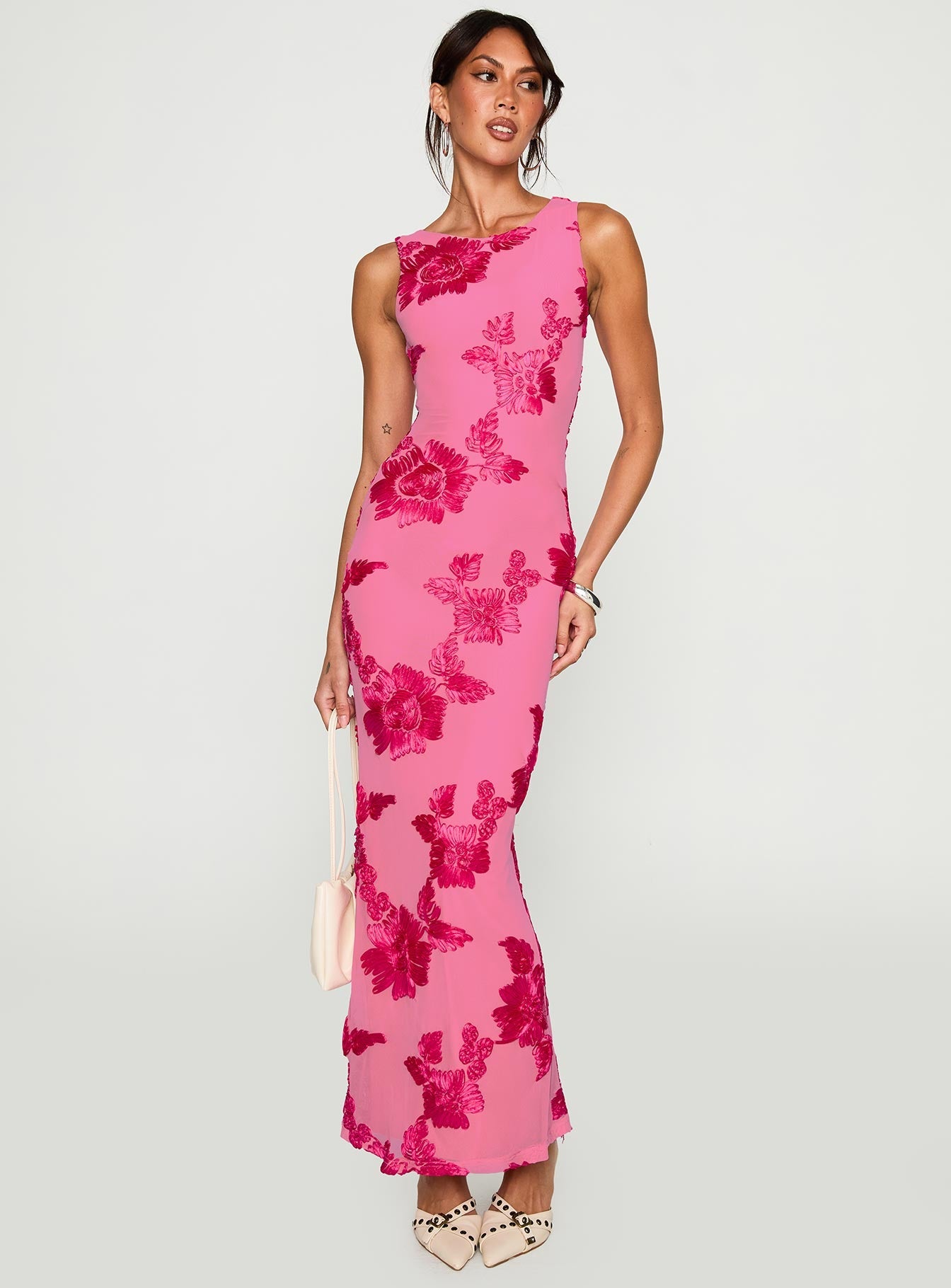 back view of model wearing Princess Polly Fionna Floral Maxi Dress Pink Crew Neck 