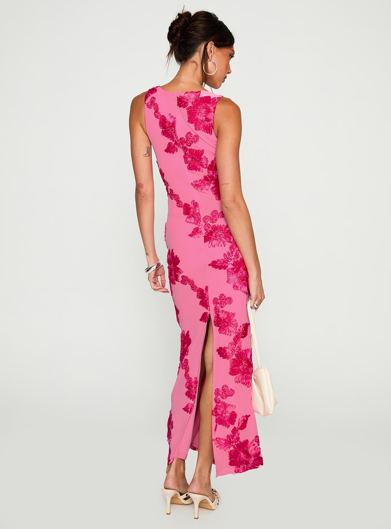 back view of model wearing Princess Polly Fionna Floral Maxi Dress Pink Crew Neck 