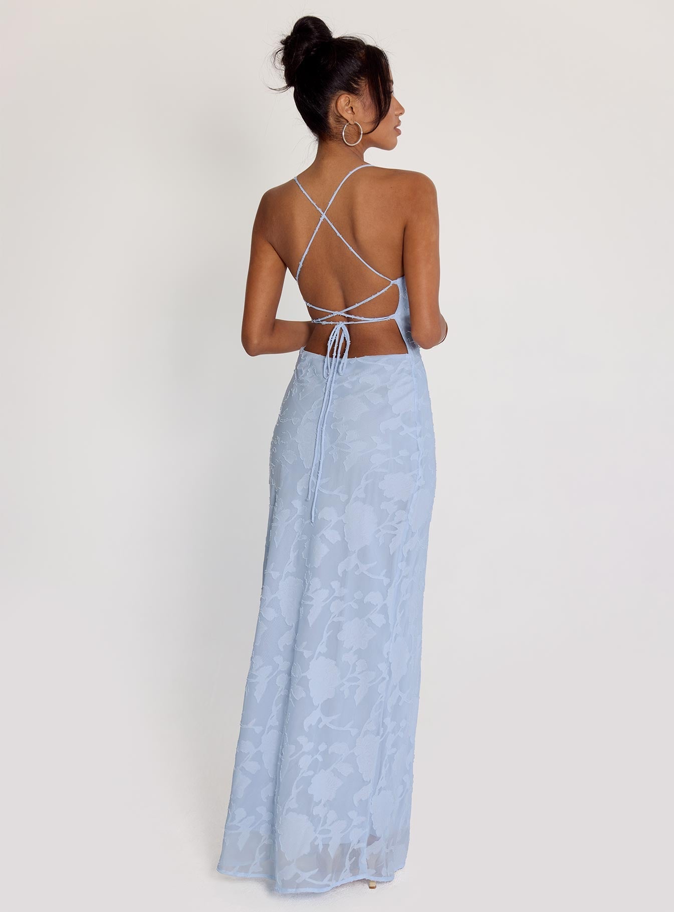 back view of model wearing Princess Polly Celena Maxi Dress Blue Burnout Cowl Neck 