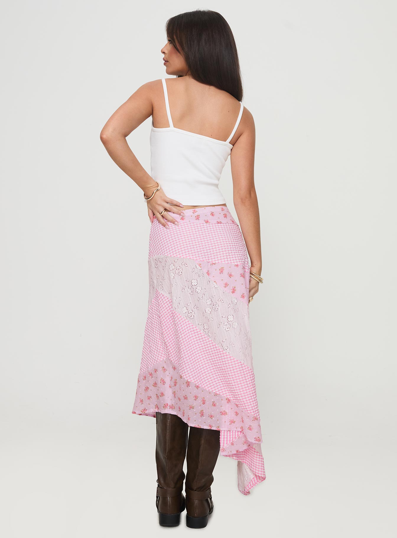 back view of model wearing Princess Polly Rennar Maxi Skirt Multi Maxi 