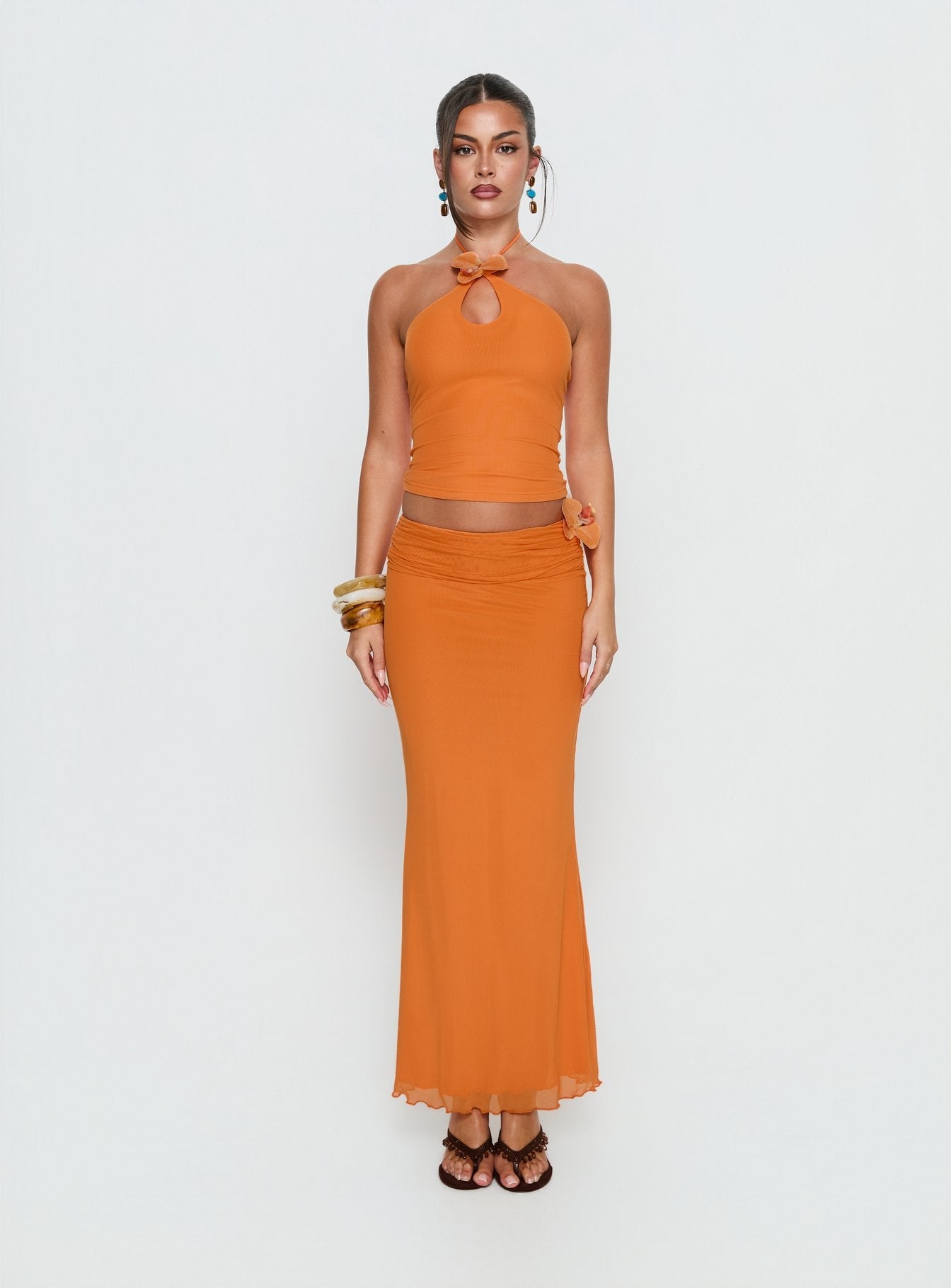   front view of model wearing Princess Polly Star Fruit Ruched Waist Maxi Skirt Orange Maxi Skirts 